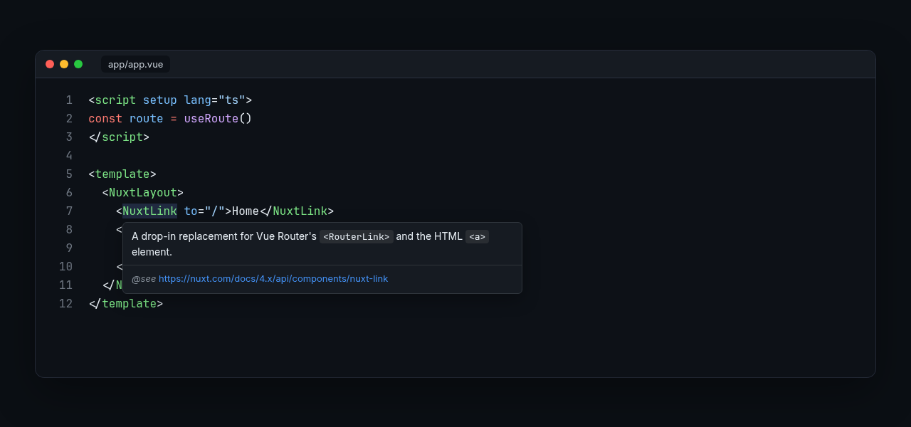 Hover docs for NuxtLink in the editor