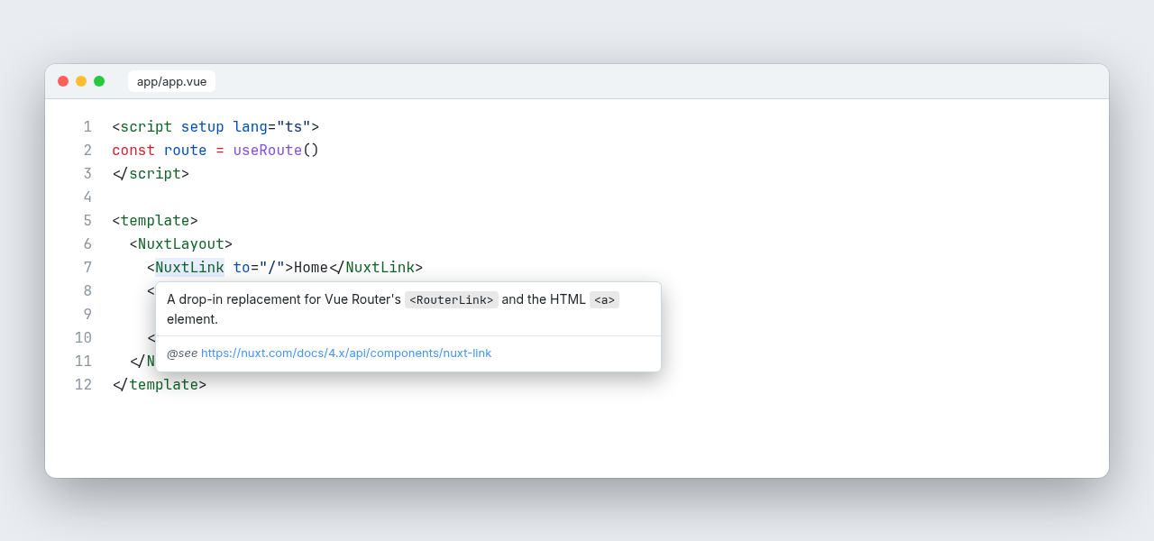 Hover docs for NuxtLink in the editor
