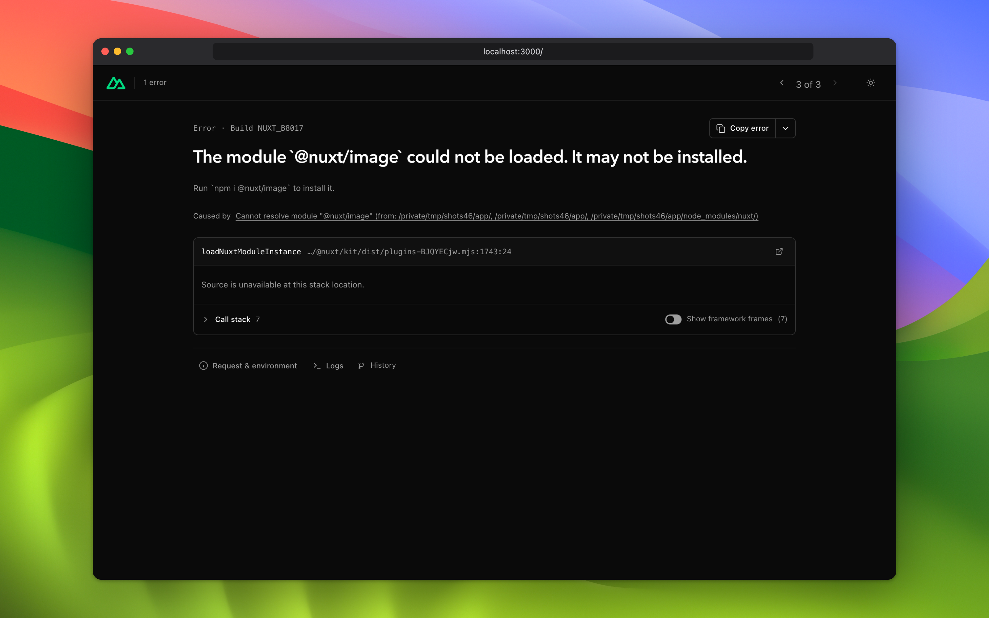 my-bad page for a module that could not be loaded from nuxt.config.ts