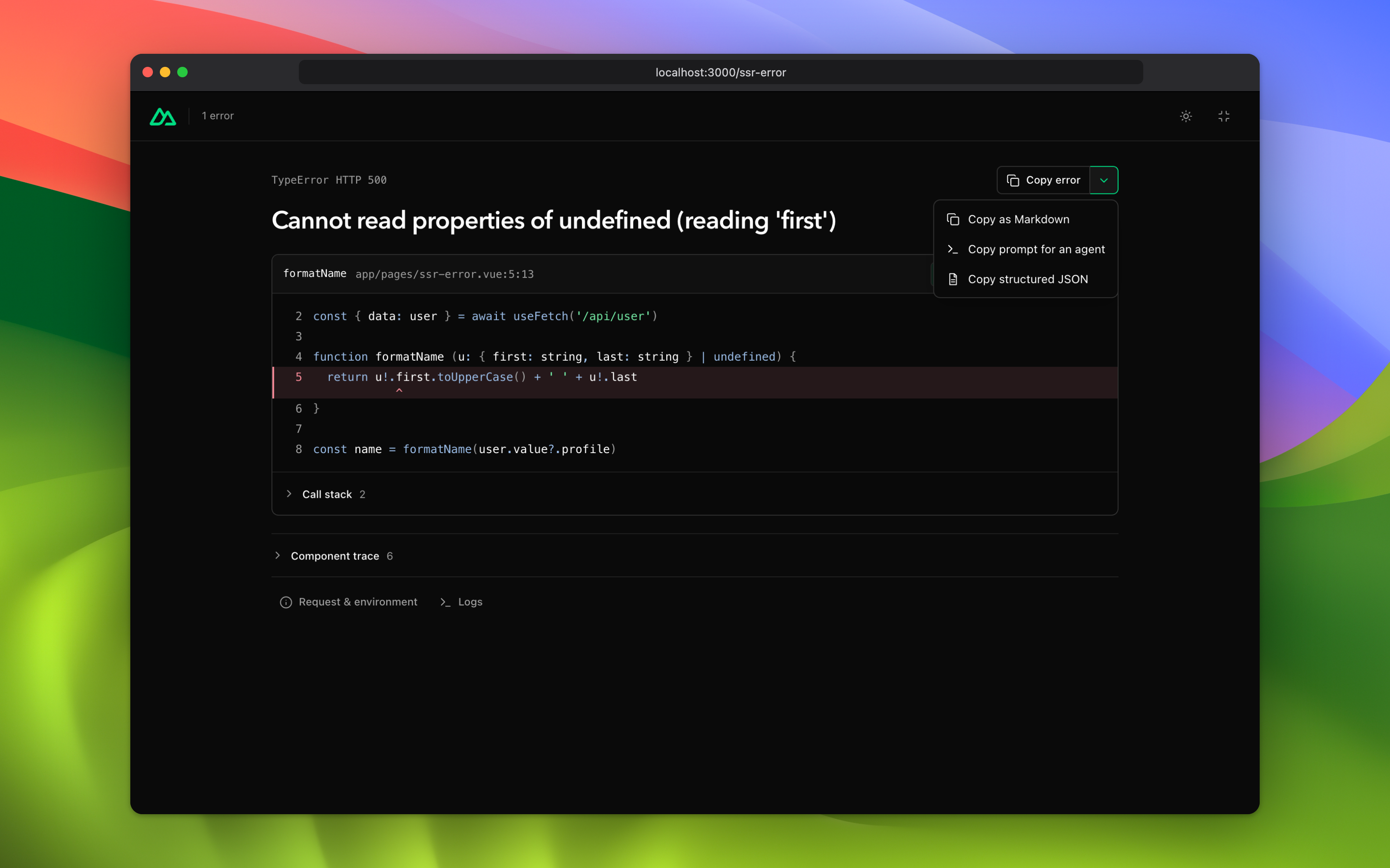 The my-bad copy menu, with Markdown, agent prompt and JSON formats