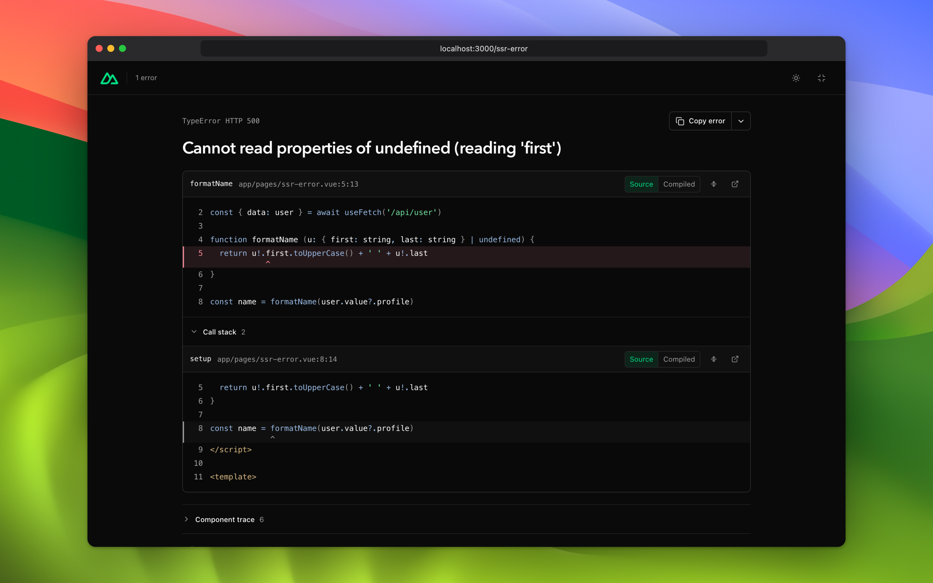 my-bad error overlay with a mapped stack trace and code frame